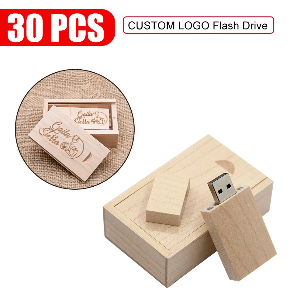 30 Stks/partij Flash Drive Usb 2.0 Houten + Doos Pen Drive 4Gb 8Gb 16Gb 32Gb 64Gb U Schijf Gratis Aangepaste Logo Voor Fotografie Bruiloft Cadeau