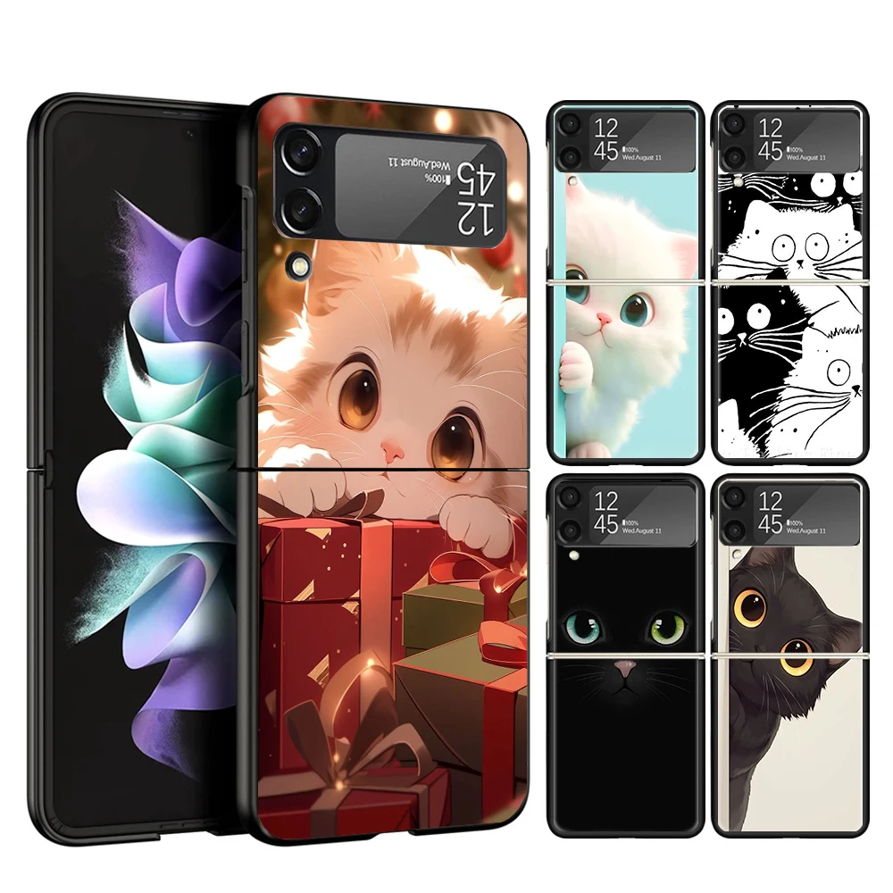Gato bonito gatinho dos desenhos animados caso capa de telefone para samsung galaxy z flip 7 6 5 4 3 5g zflip7 zflip6 zflip5 zflip4 zflip3 preto fundas