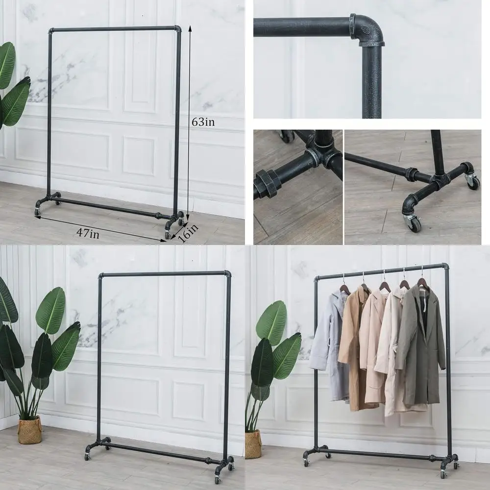 

Vintage Industrial Pipe Clothing Rack - Heavy Duty Rolling Garment Display for Retail, Steampunk Style