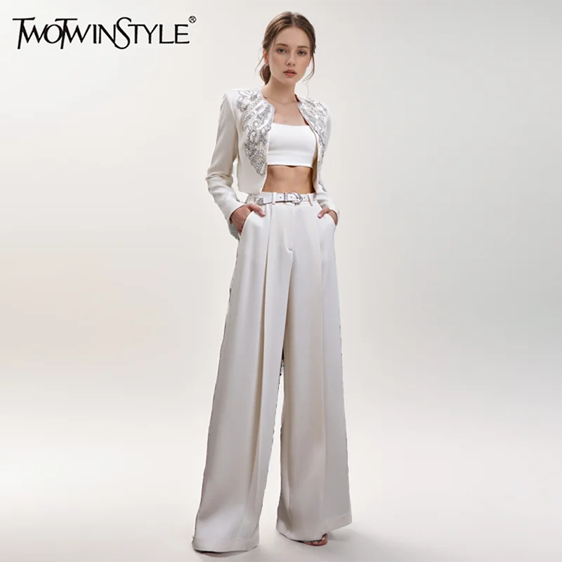 

TWOTWINSTYLE Solid Two Piece Set For Women O Neck Long Sleeve Spliced Diamonds Short Coat High Waist Pant Chic Sets Female New