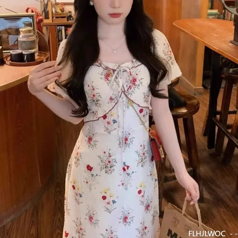 Retro Vintage Ruffles Long Dresses Mori Girls Village Rural Summer Holiday Date Flower Floral Red Cute Sweet Bow Tie Shirt Dress