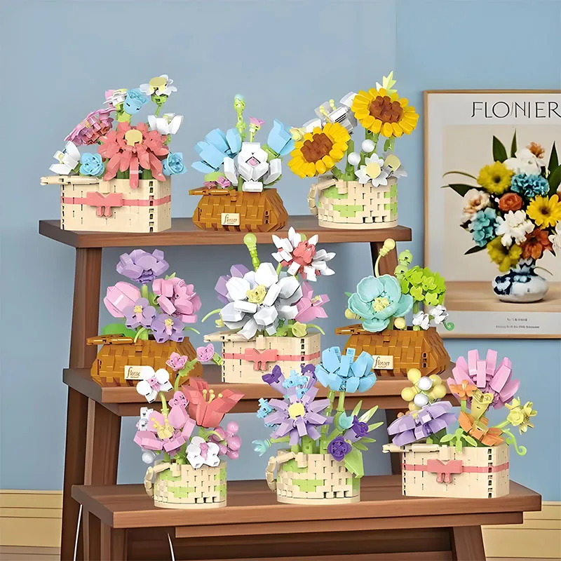 

DIY Potted Rose Sunflower Plants Succulents Bonsai Tree Gardens Romantic Building Blocks Model Bricks Kids Sets Kits Toys