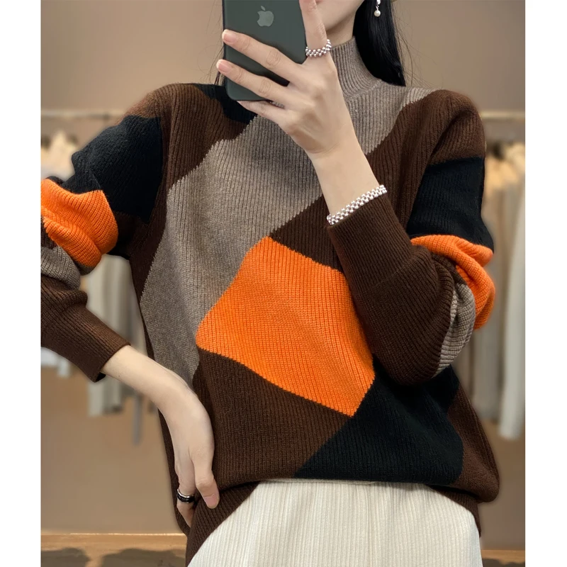 Donna nuova lana caldo morbido maglione collo mezzo alto Pullover addensato autunno inverno Casual lavorato a maglia diamante Color Block Top