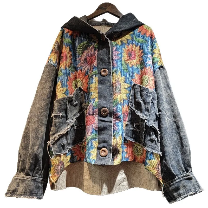 ANJY 가을 새로운 여성 세련된 자켓 인쇄 니트 패치 워크 디스트레스 데님 후드 싱글 브레스트 streetwear 트렌디 코트 a9807