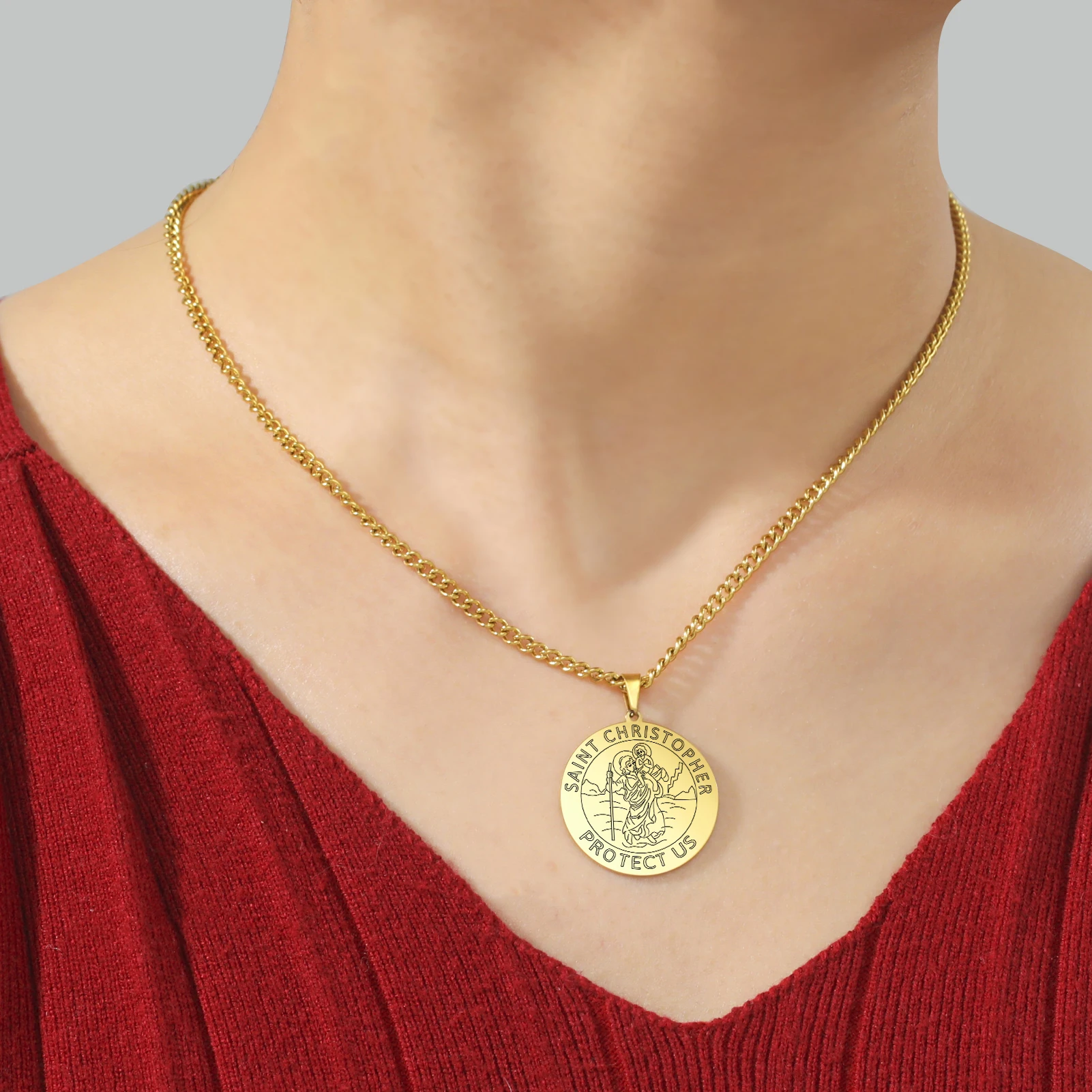 Dawapara Saint Christopher Medaille Halskette Jesus Truet In Sie Amulett Katholischen Schmuck Reisende Fahrer Geschenke Edelstahl – Detail 5
