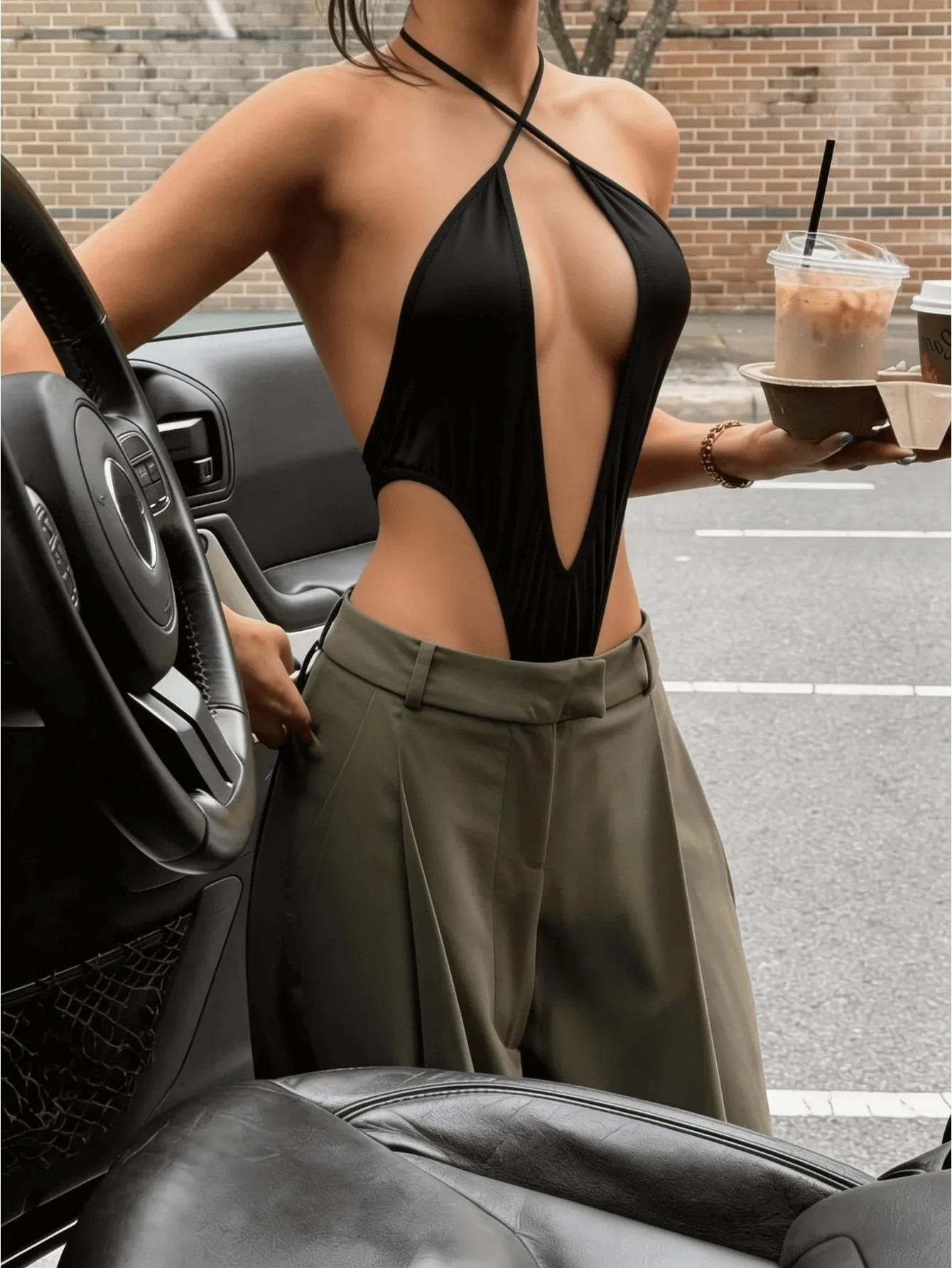 Women's Black Cross Halter Deep V Cutout Bodysuit Backless High Cut Sleeveless One Piece Lingerie Asian One Size
