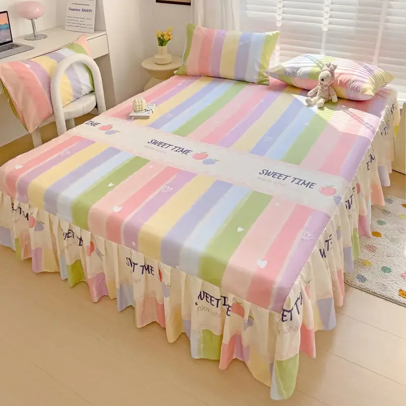 

Princess Ruffle Lace Bed Sheet Cartoon Rainbow Flowers Mattress Cover with Elastic Band Girls Bedding Bedspread Dust Protection