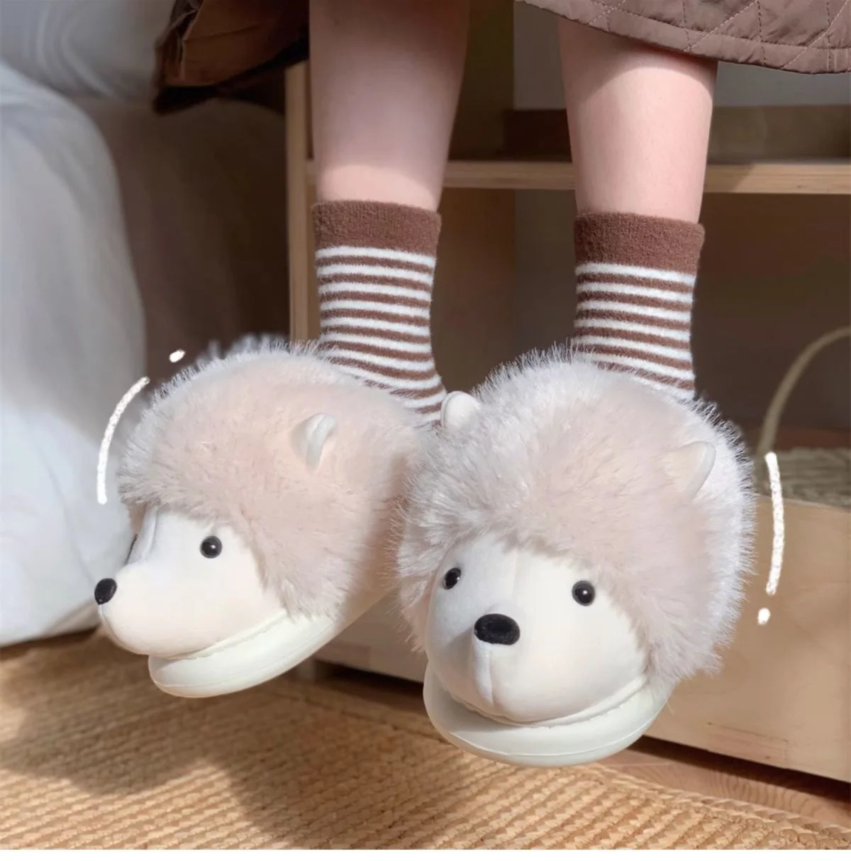 New Fuzzy Hedgehog Mules Slippers Woman Winter Warm Home Shoes Ladies Cozy Carton Animal Slipper Female Fluffy Slides Plush Shoe