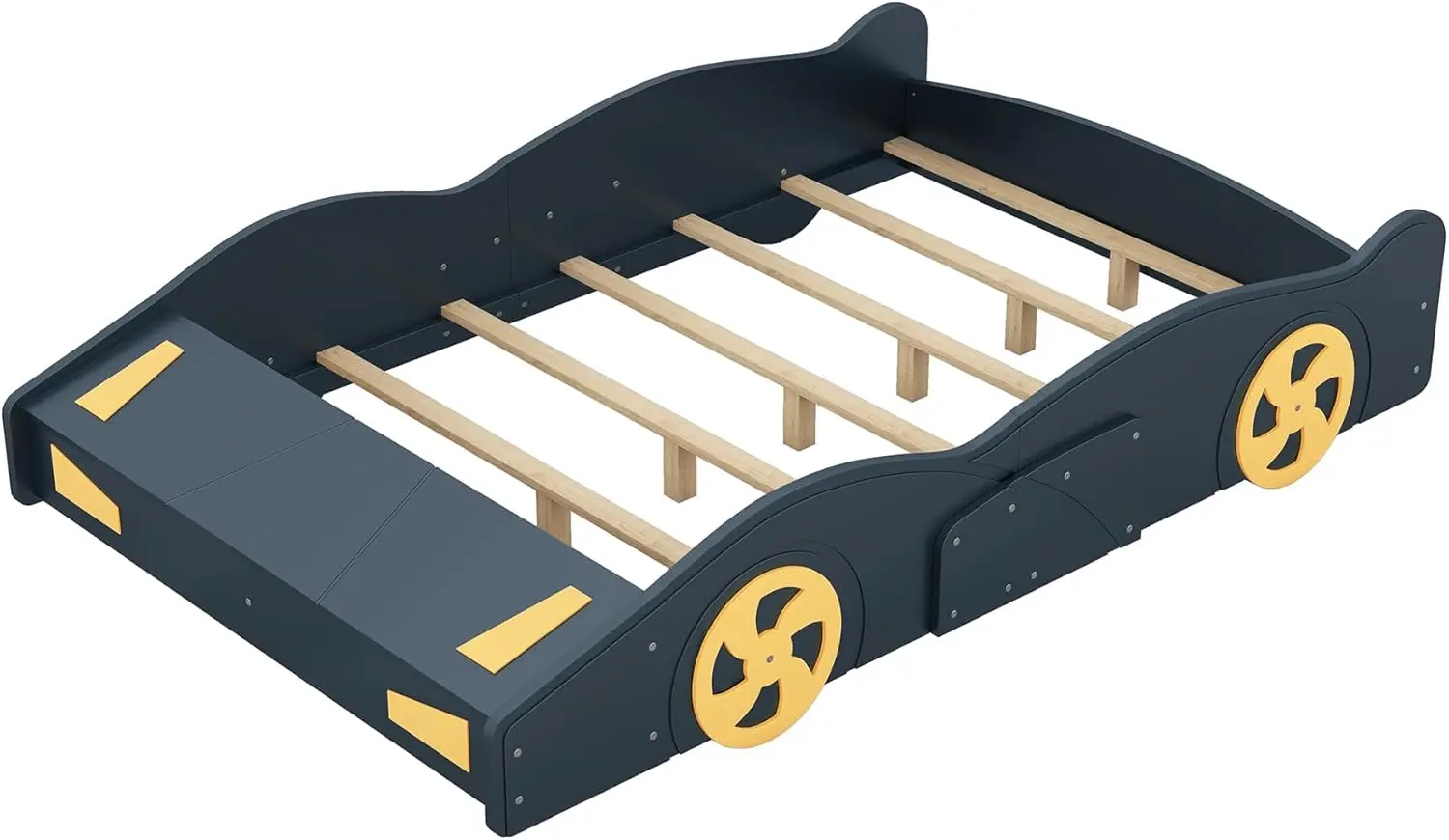 Twin Size Classic Car-Shaped Platform Bed With Wheels,Wooden Floor Bedframe W/Door Design,Easy To Assemble,Toy Car Furniture