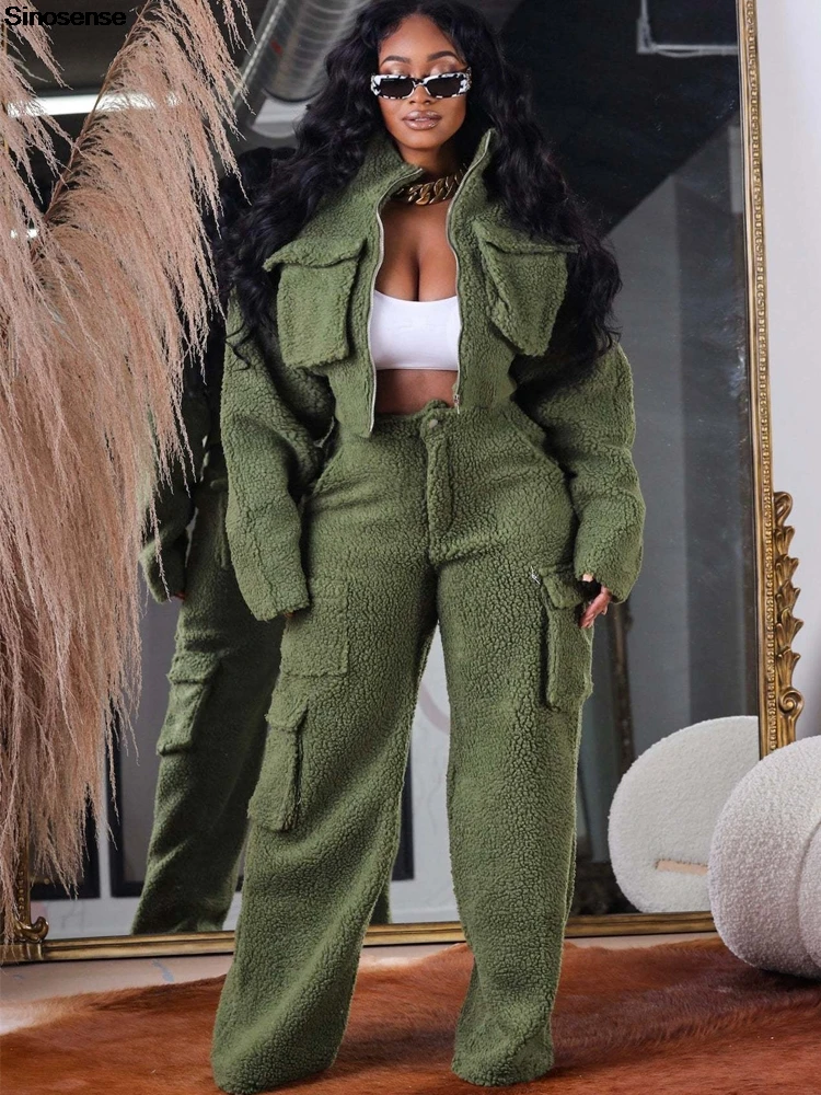 Women Fuzzy Fleece 2 Piece Outfits Sweatsuit Long Sleeve Zip Crop Jacket Cargo Pants Outdoors Street Daily Casual Two Piece Sets