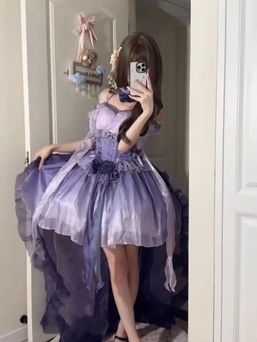 

Милое фиолетовое платье Лолиты для девочек, платье на бретельках с цветочным градиентом цвета, банкетное платье, женская уличная одежда принцессы на Хэллоуин