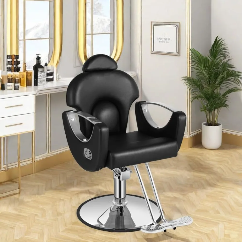 كرسي حلاق أسود مستلق لمنزل صالون الحلاقة، كرسي تصفيف صالون دوار 360 درجة لمصفف الشعر، جمال هيدروليكي قابل للتعديل H