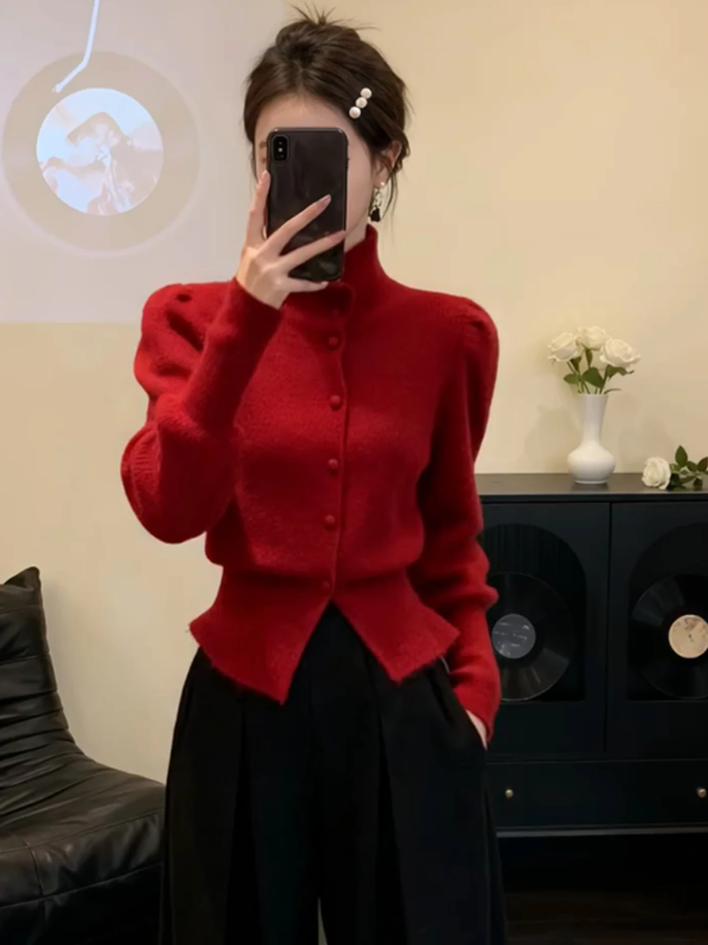

Cisas Red Knitted Sweater Long Sve Waist-Cinching Single Button Versatile Winter Faion Retro Sle Women's Top