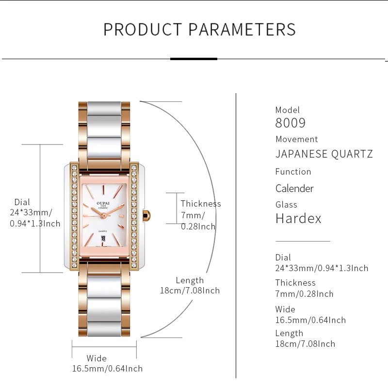 Прямоугольный циферблат Oupai, нержавеющая сталь между, белым керамическим ремешком, женский дисплей даты, кварцевый набор с бриллиантами, царапины-ре