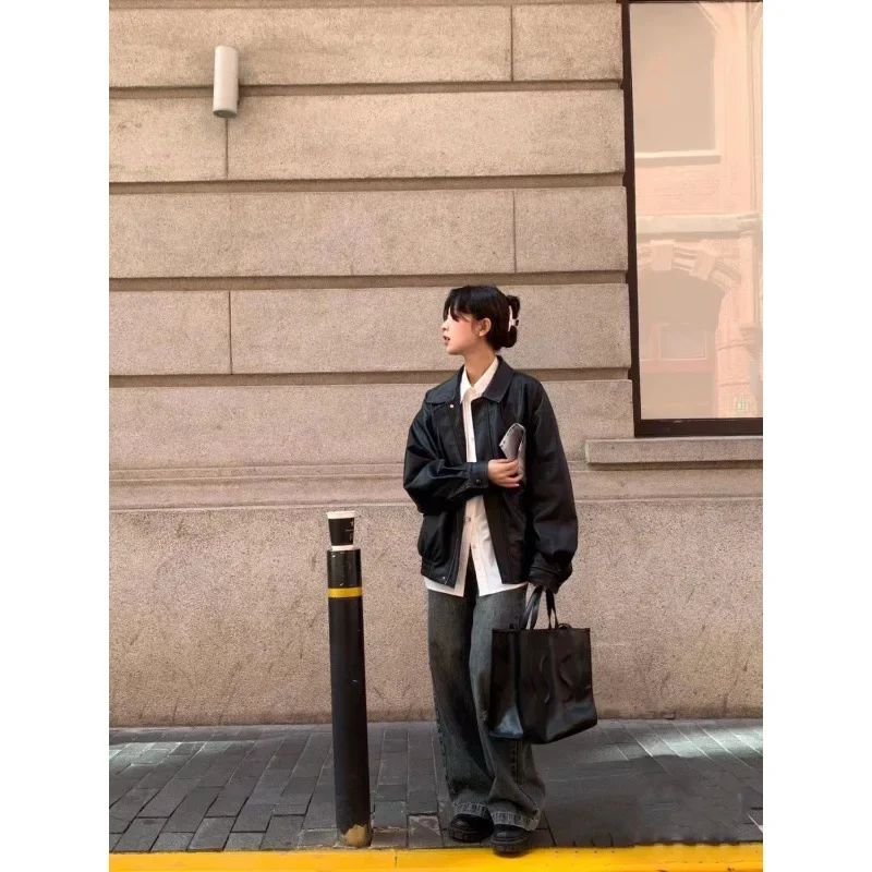 

2025 Vintage Women Pu Jacket Women High Street Techwear Oversize Faux Leather Moto Biker Coats Bf Punk Casual Cropped Outerwear