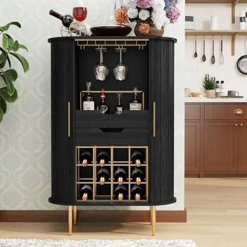 Wine Bar Cabinet with Tambour Door, 16-Bottle Storage, Glass Stemware Rack & Coffee Bar Station, Multi-Functional Wine