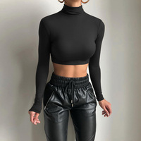 Fall Winter Long Sleeve Crop Top Women Shirts Harajuku Solid Black Streetwear Sexy Clothes Turtleneck Basic Short T Shirt Femme