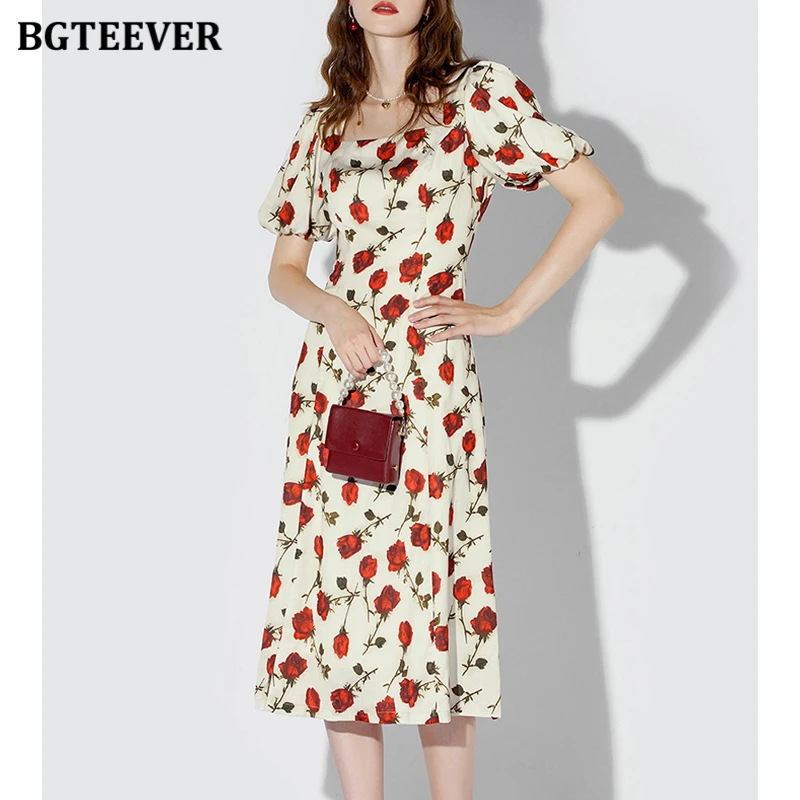 

BGTEEVER Vintage Square Collar Lantern Sleeve Women Floral Mid-Length Dress Summer Stylish Female A-line Dress Ladies Vestidos