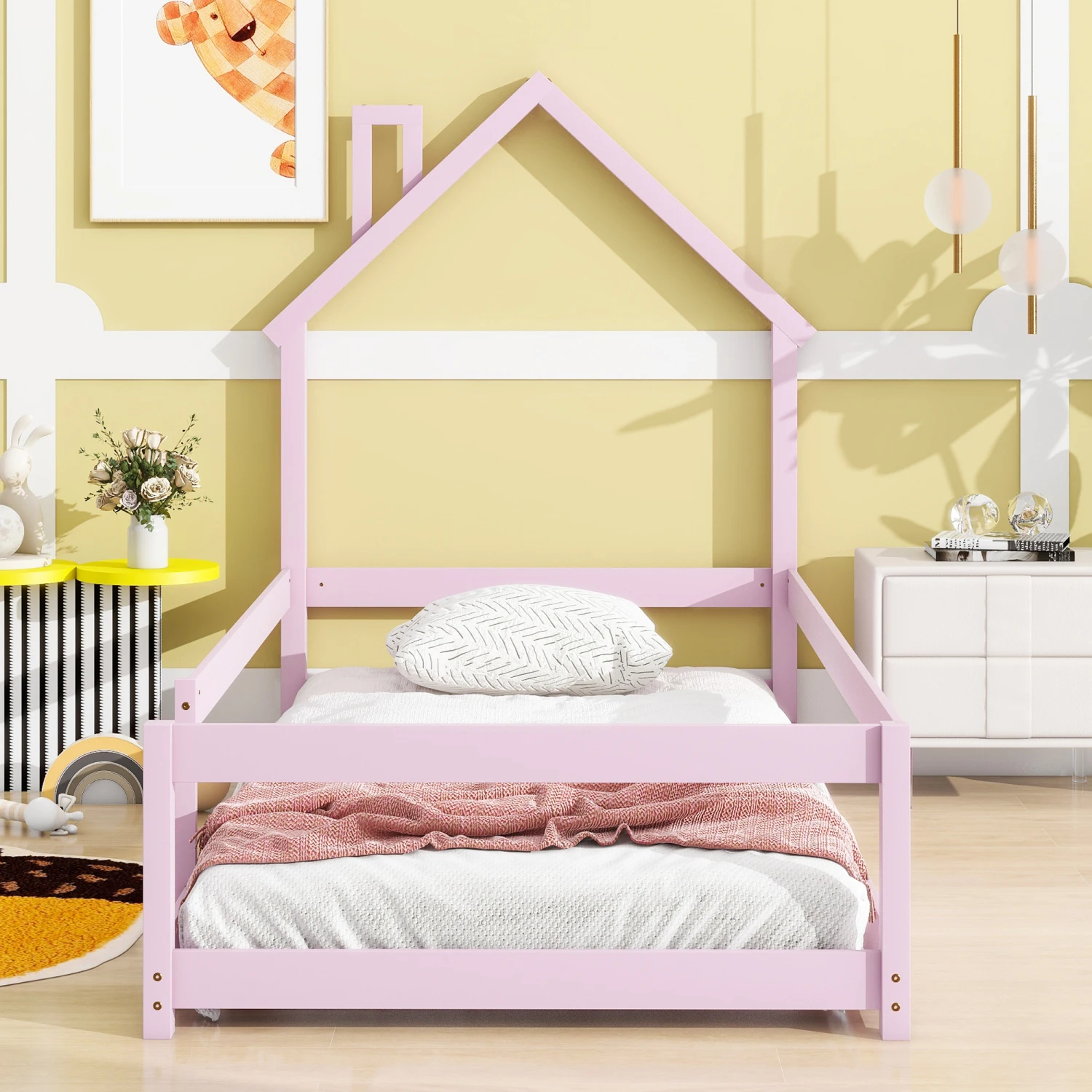 Wood Twin Size Bed with House-shaped Headboard & Floor Fences in Pink