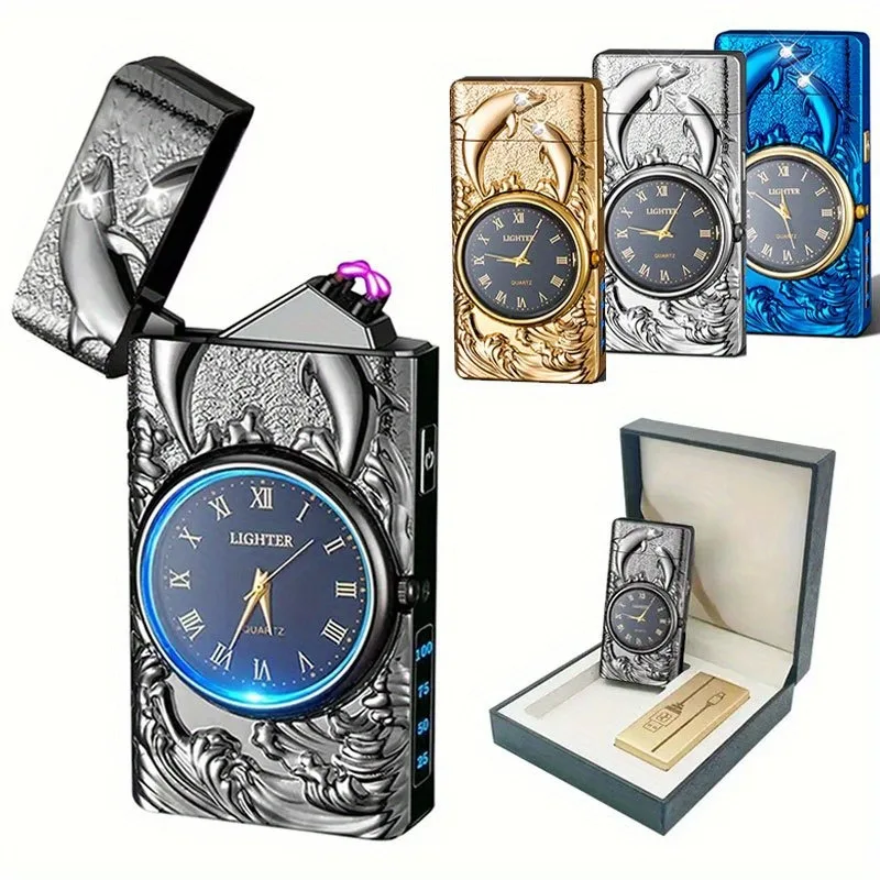 

Многофункциональный цифровой дисплей мощности 2025, двойной дуговой импульс, ветрозащитная электронная зажигалка, тисненый кварцевый циферблат, мужской подарок