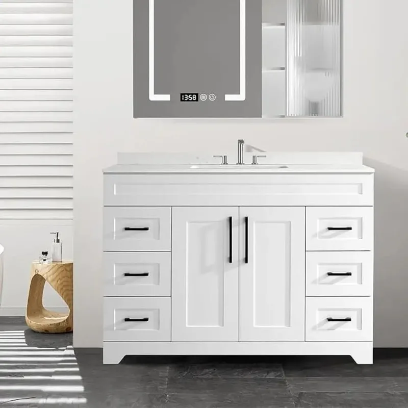 

Modern Bathroom Vanity 48 inch with White Engineered Marble Stone Sink Sturdy Plywood Construction Two Soft Closing Doors