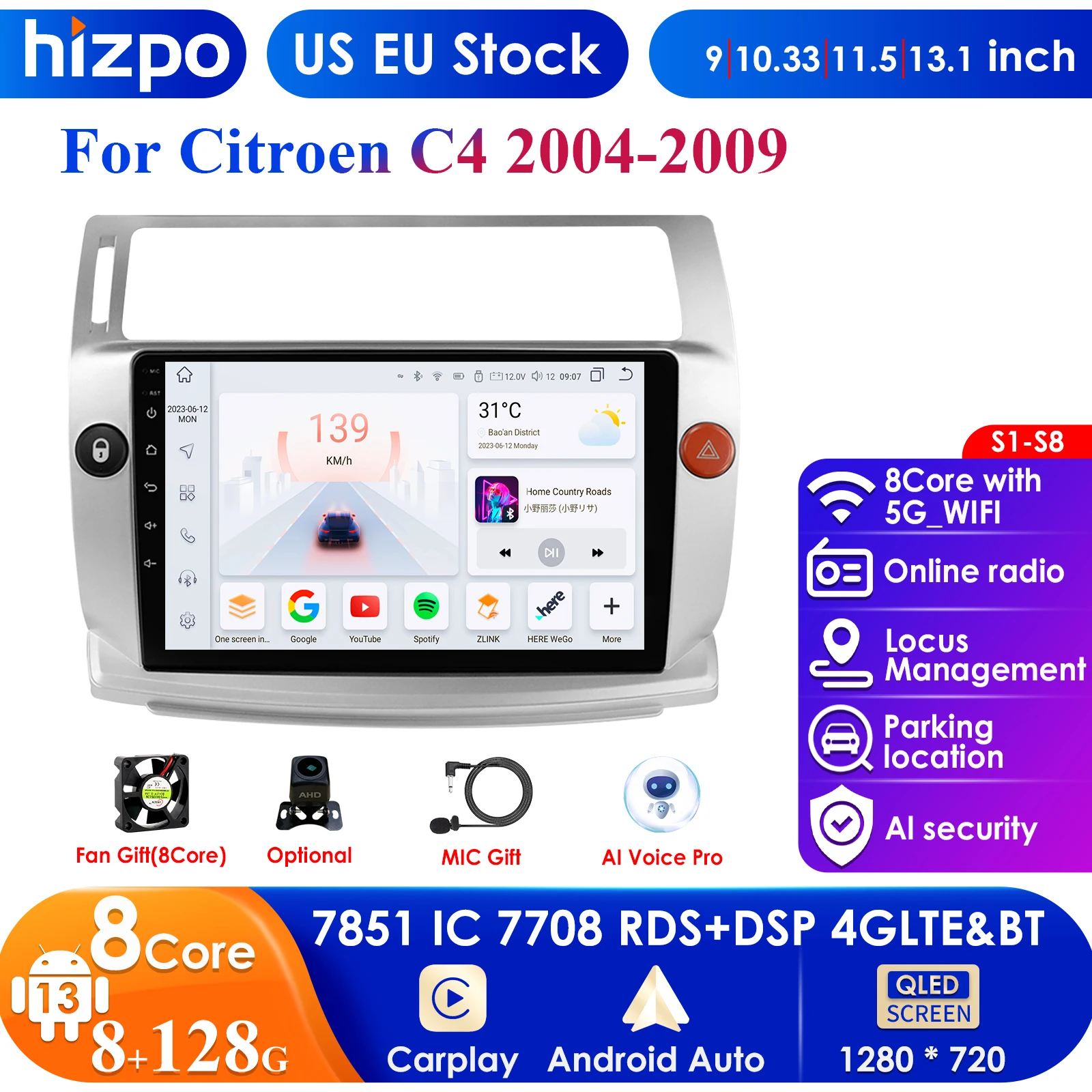 Hizpo 4G 9'' AI Intelligent Systems CarPlay Android Auto Radio for Citroen C4 C-Triomphe C-Quatre 2004-2009 Car Multimedia GPS