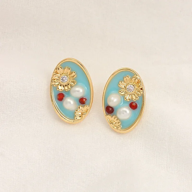 Oil Painting Texture Fresh Water Pearl Flower Earrings Light Luxury High Sense New Chinese Earrings