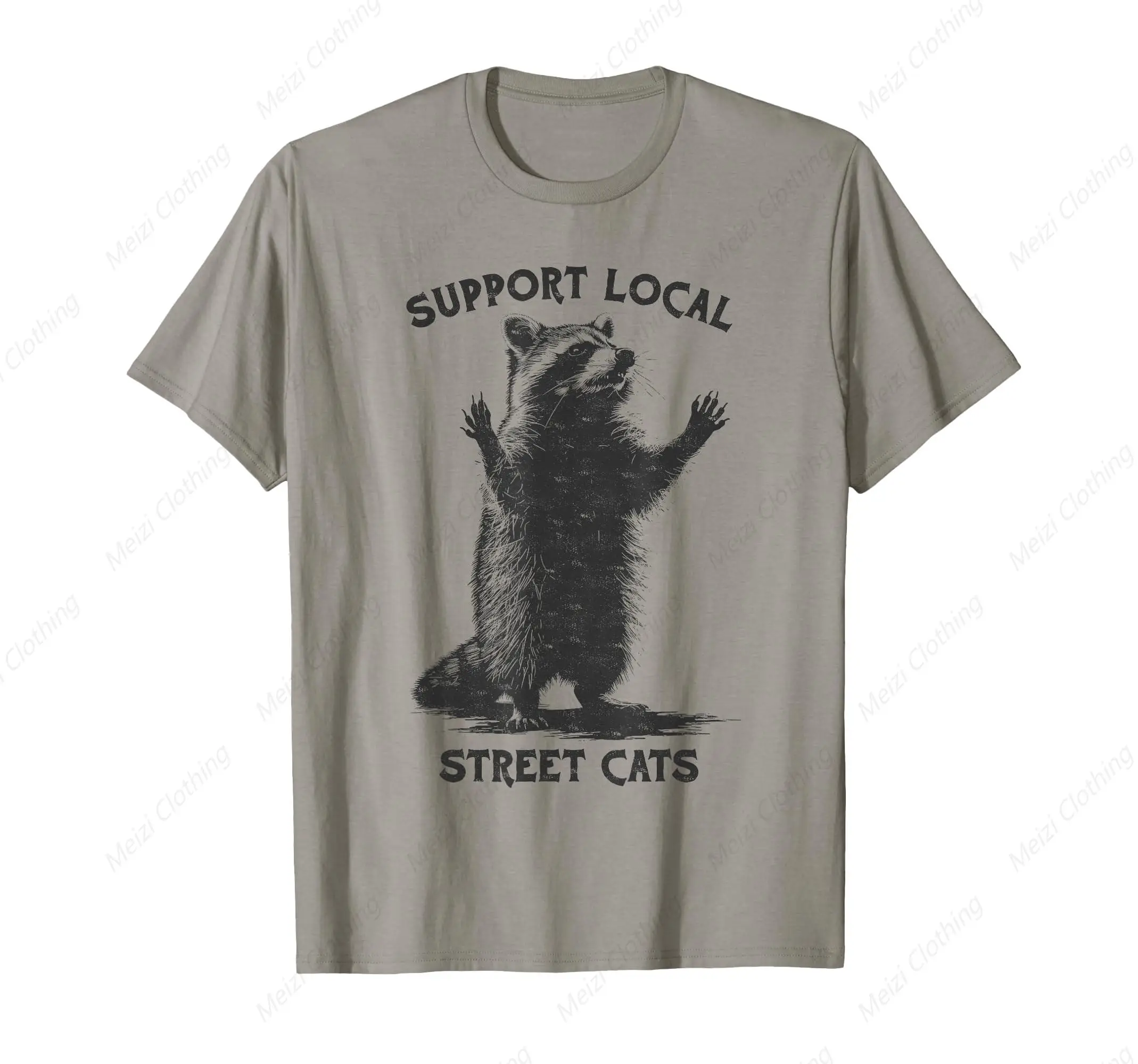 

Fun Street Cat Printed Shirt Retro Support Local Street Cat Raccoon T-shirt Pure Cotton Grey Casual T shirt