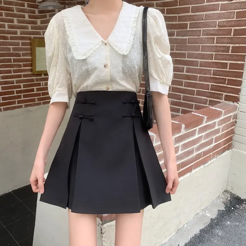 

Black Skirts Women High Waist Button A-line Above Knee Y2k Sweet Preppy Lovely Students Females Vintage Chinese Style Tender New