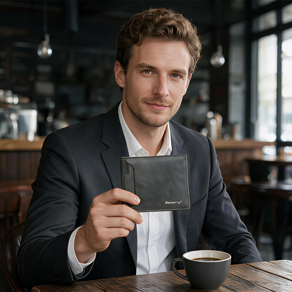 1pc-Baellerry Men's 80% off Wallet, Vintage Matte PU Wallet, Multiple Card Slots, Transparent Photo Window, External Card Pocket