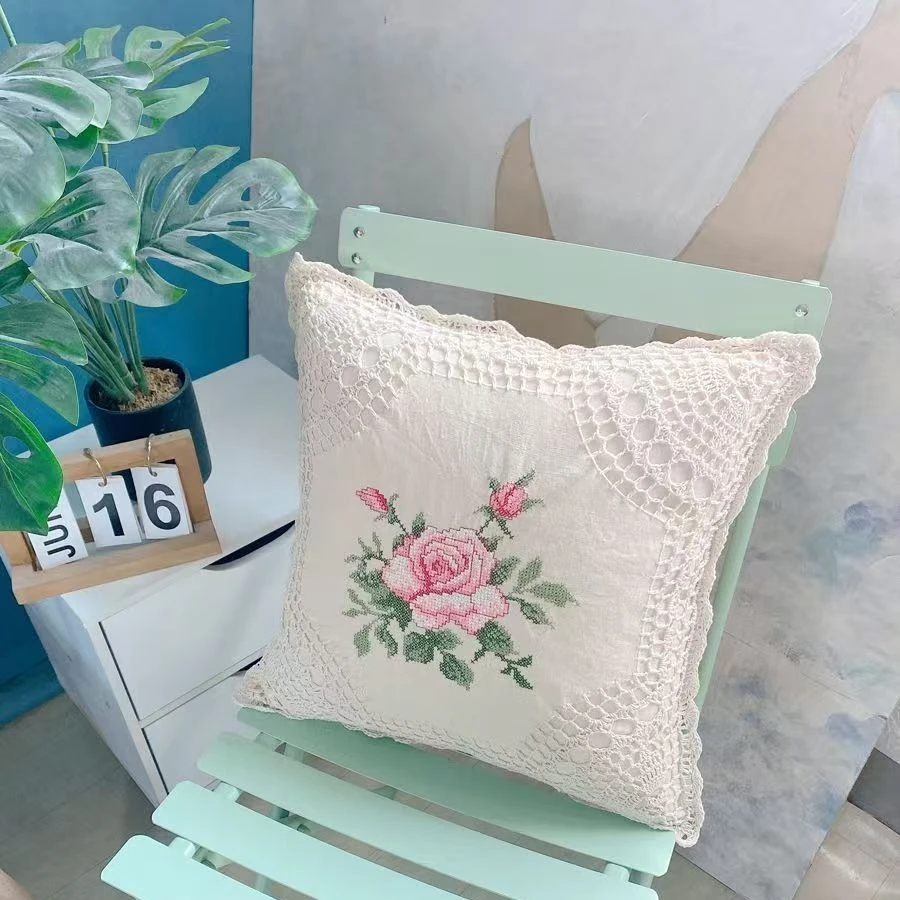 Boho Embroidered Crochet Pillow Covers Decorative Retro Handmade Woven Cotton Pillow Case Beige Square Cushion Cover Home Decor