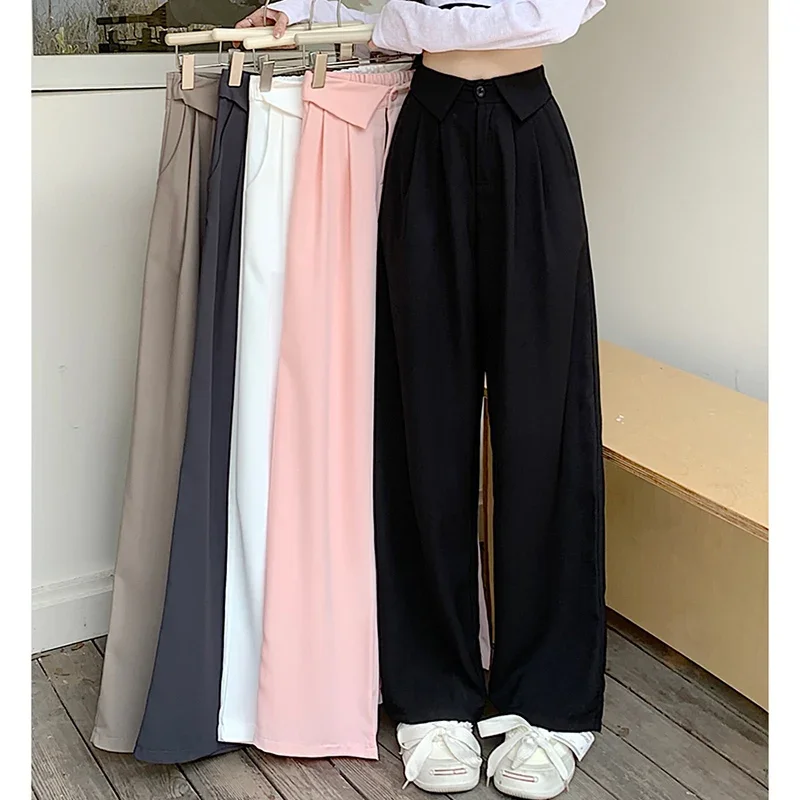 Women Elastic High Waisted Wide Leg Suit Pants Casual Solid Basic Pocket Slacks Pants Elegant Office Ladies Straight Trousers