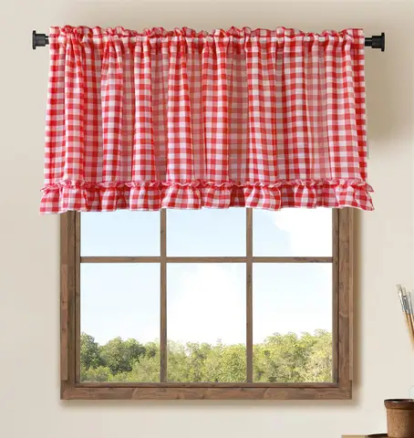 클래식 붉은 격자 무늬 프릴 짧은 카페 커튼 부엌 침실 Sheer Voile Valance 작은 창 커튼 막대 주머니