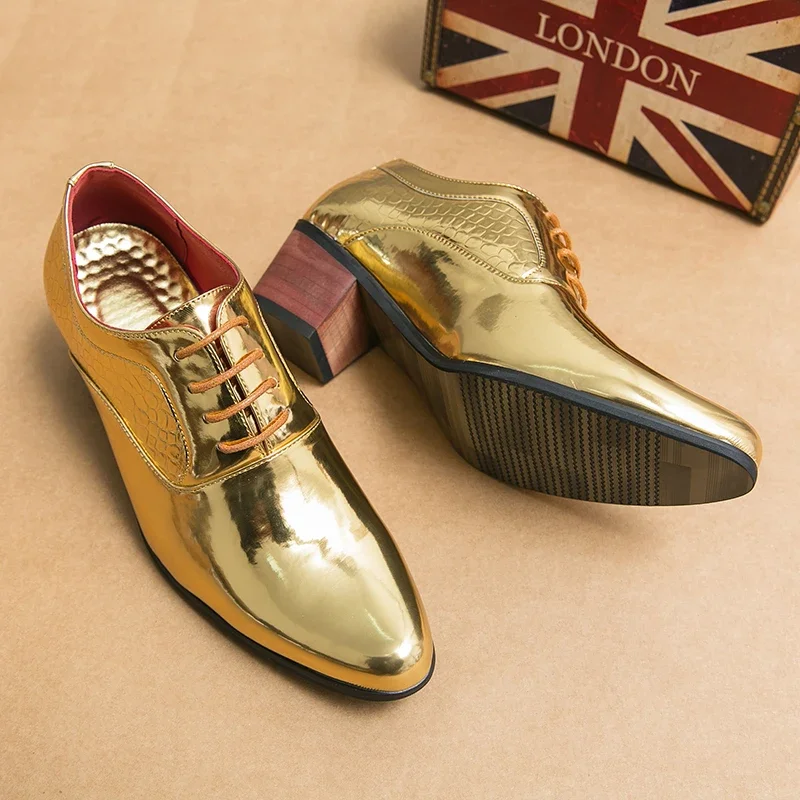 New Gold Men Dress Shoes Pointed Toe Lace-up Thick Heel Fashion Men's Shoes  Wedding Party Zapatos De Hombre