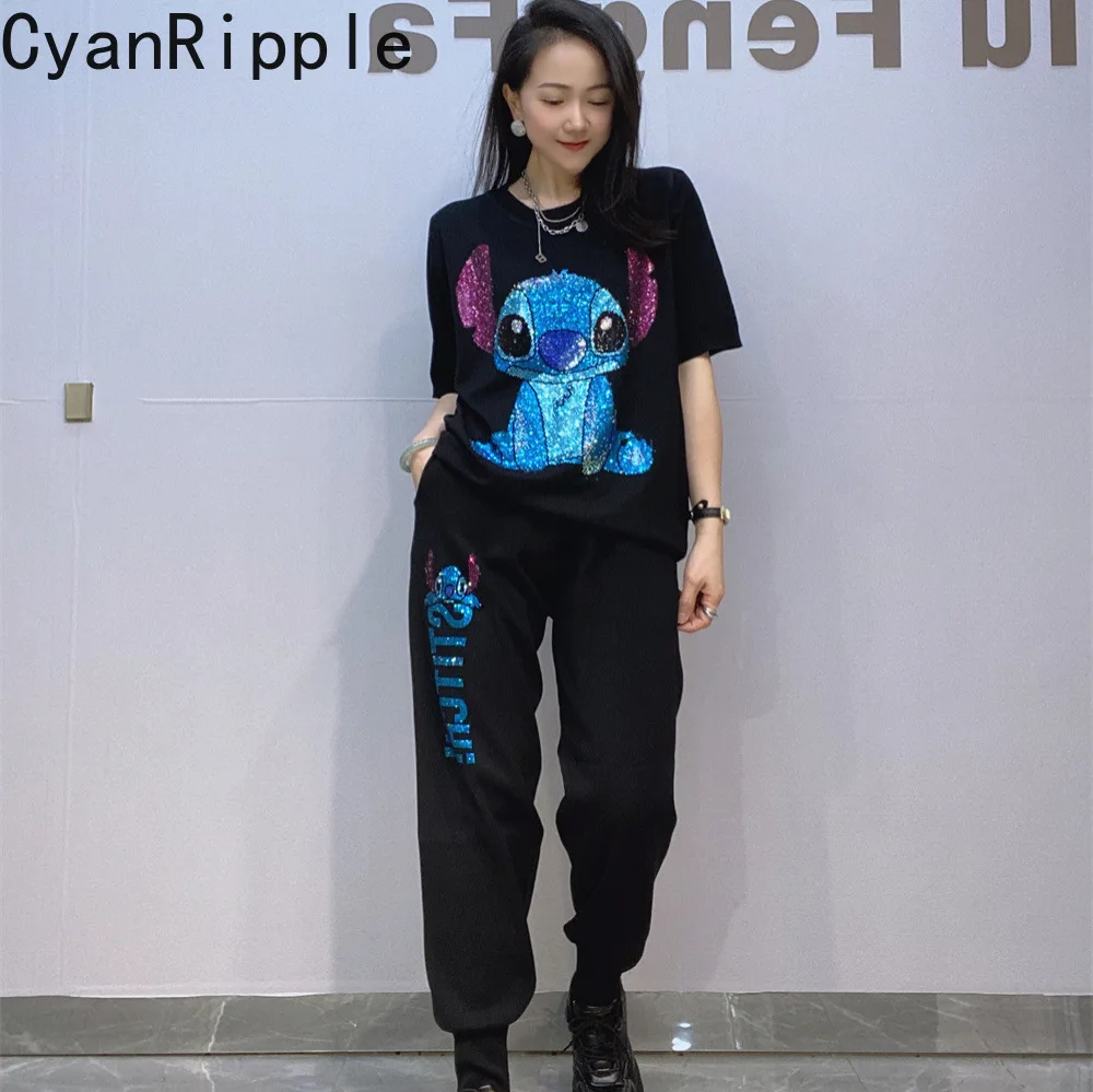 

Trendy Spring Summer Women Knitting Sets Cartoon Hot Drilling O-neck Short Sleeve T-shirt Top + Elastic Waist Sports Trousers