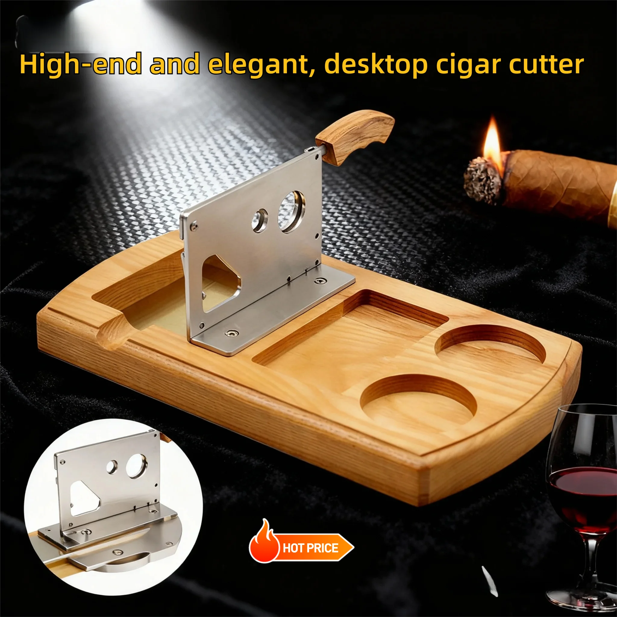 

Desktop Cigar Cutter with Dual Holes Oak Wood & Stainless Steel Cigar Ashtray with Cigar Punch Lighter Holder for Cigar Lovers