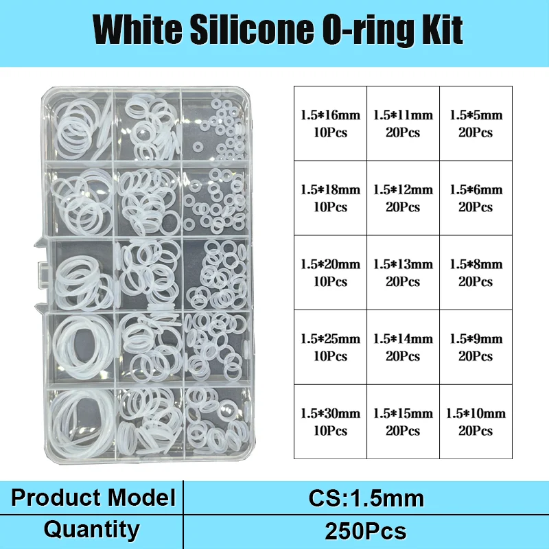 CS 1,5/2,0/2,4/3,1 mm weiße VMQ O-Ring-Dichtung, Silikondichtung, O-Ring, Silikonring, hochtemperaturbeständiges Unterlegscheiben-Set – Detail 11