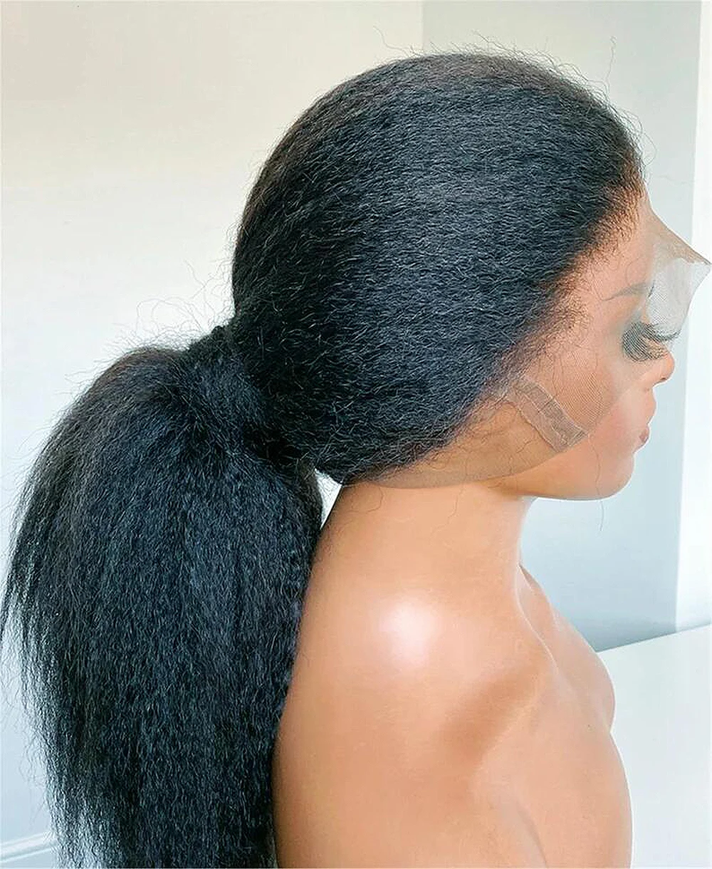 Peluca con malla frontal recta rizada negra Natural larga Yaki suave de 26 pulgadas para mujeres con pelo de bebé sintético prearrancado sin pegamento para uso diario