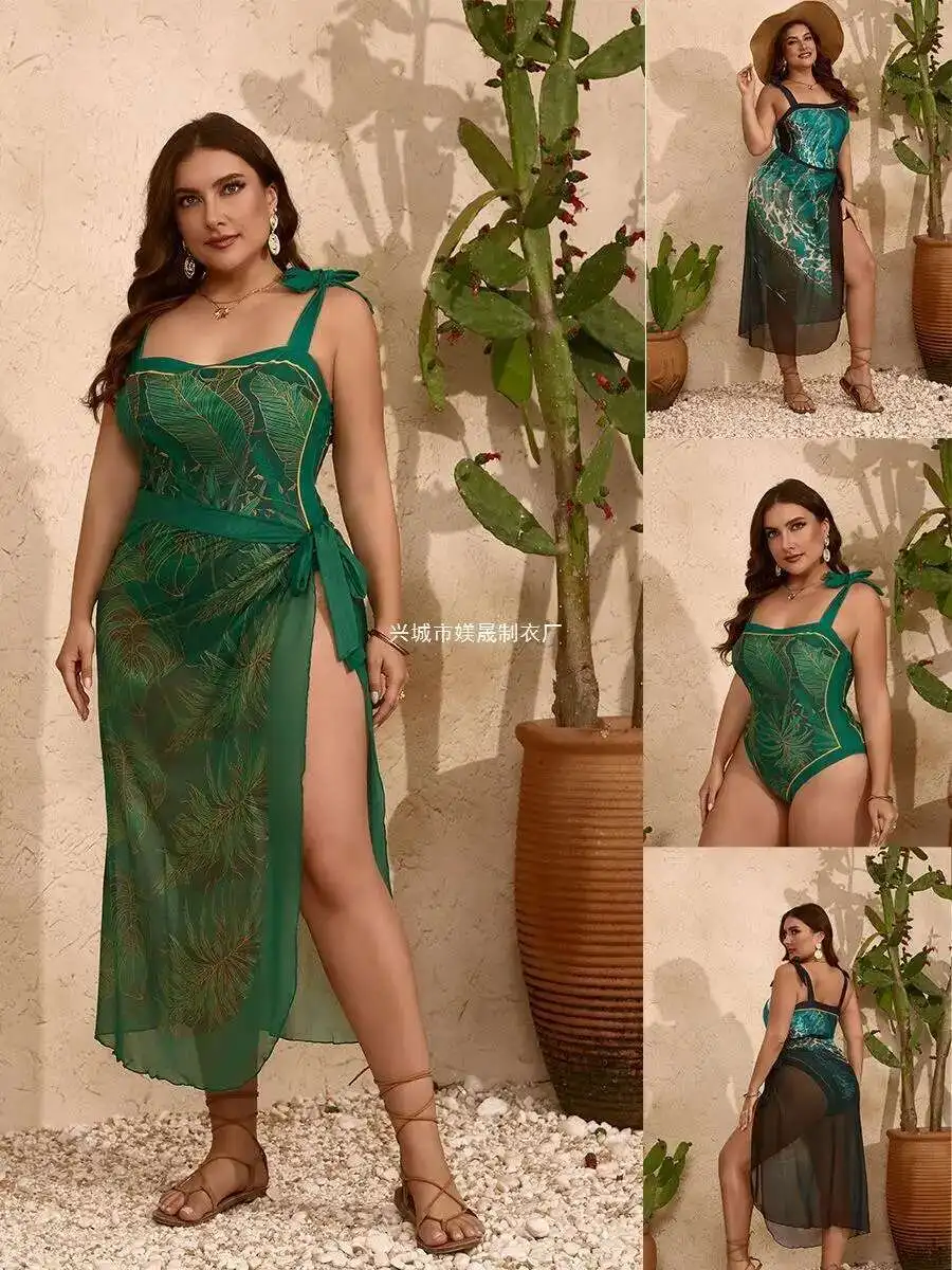 

2024 New Women's Large Ink Print Two Piece Set Yarn Skirt One Piece Bikini Swimsuit