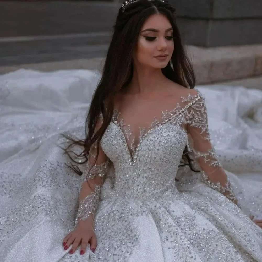 

Luxurious Sparkling A-line Lace Crystal Glitter Women's Wedding Dress Sexy V-neck Transparent Long Sleeve Bridal DressCustomized