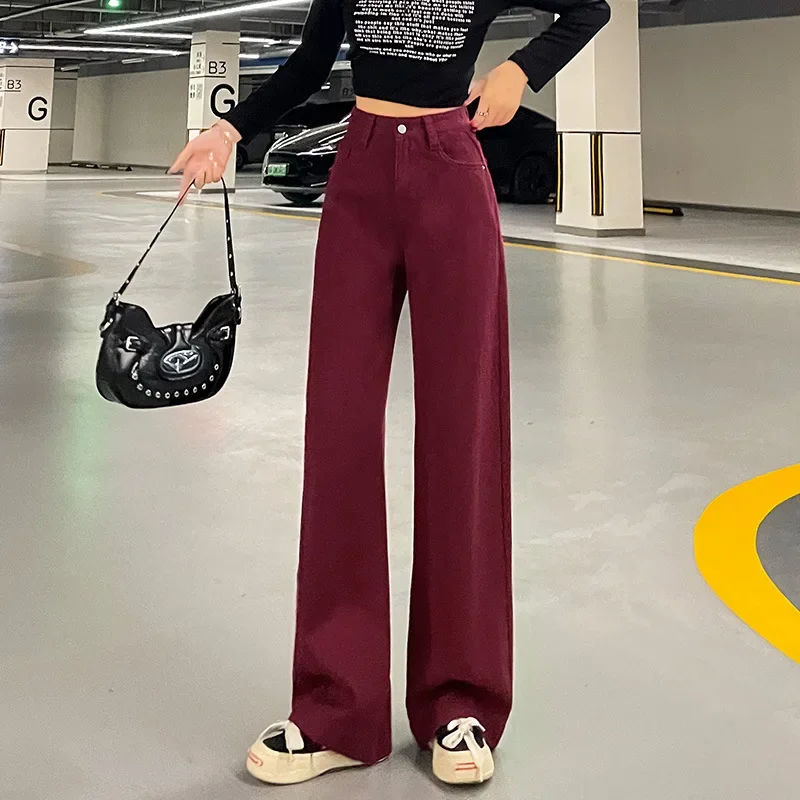 Calça jeans vermelha Ancola simples e confortável de pernas largas. Nova moda feminina primavera e outono baggy cintura alta perna reta jean