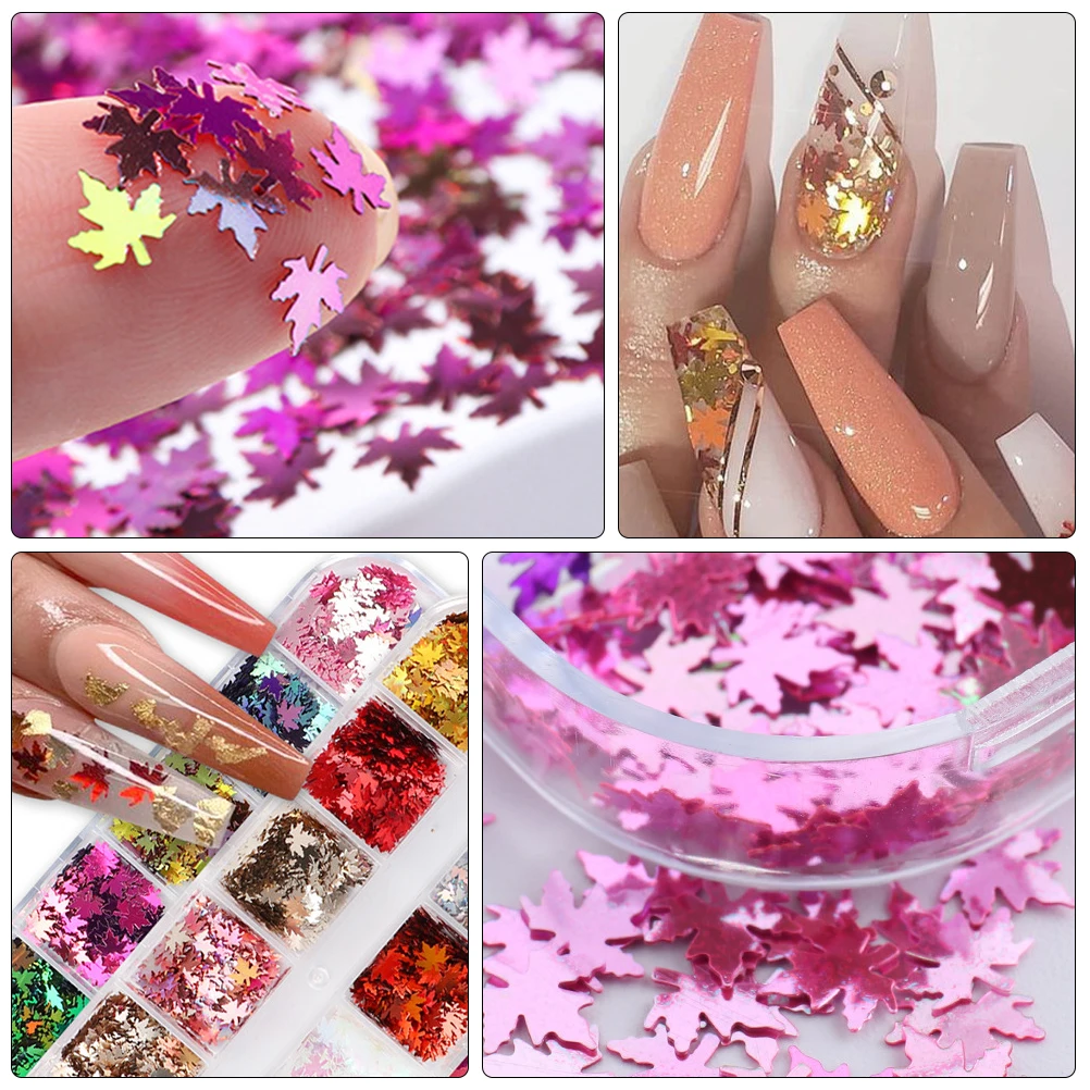 2 Boxes Maple Leaf Manicure Sequin Colored Glitter Nail Art Natural Artificial Nails Decoration Portable Nail Art Supplies