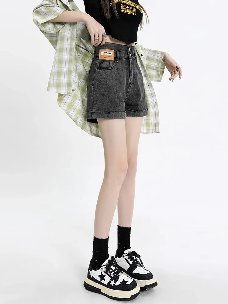 

Женские джинсовые шорты с высокой талией, летние, больших размеров, тонкие, подходят для широких бедер, свободные, А-силуэт, с отворотами, модные, трендовые, укороченные.