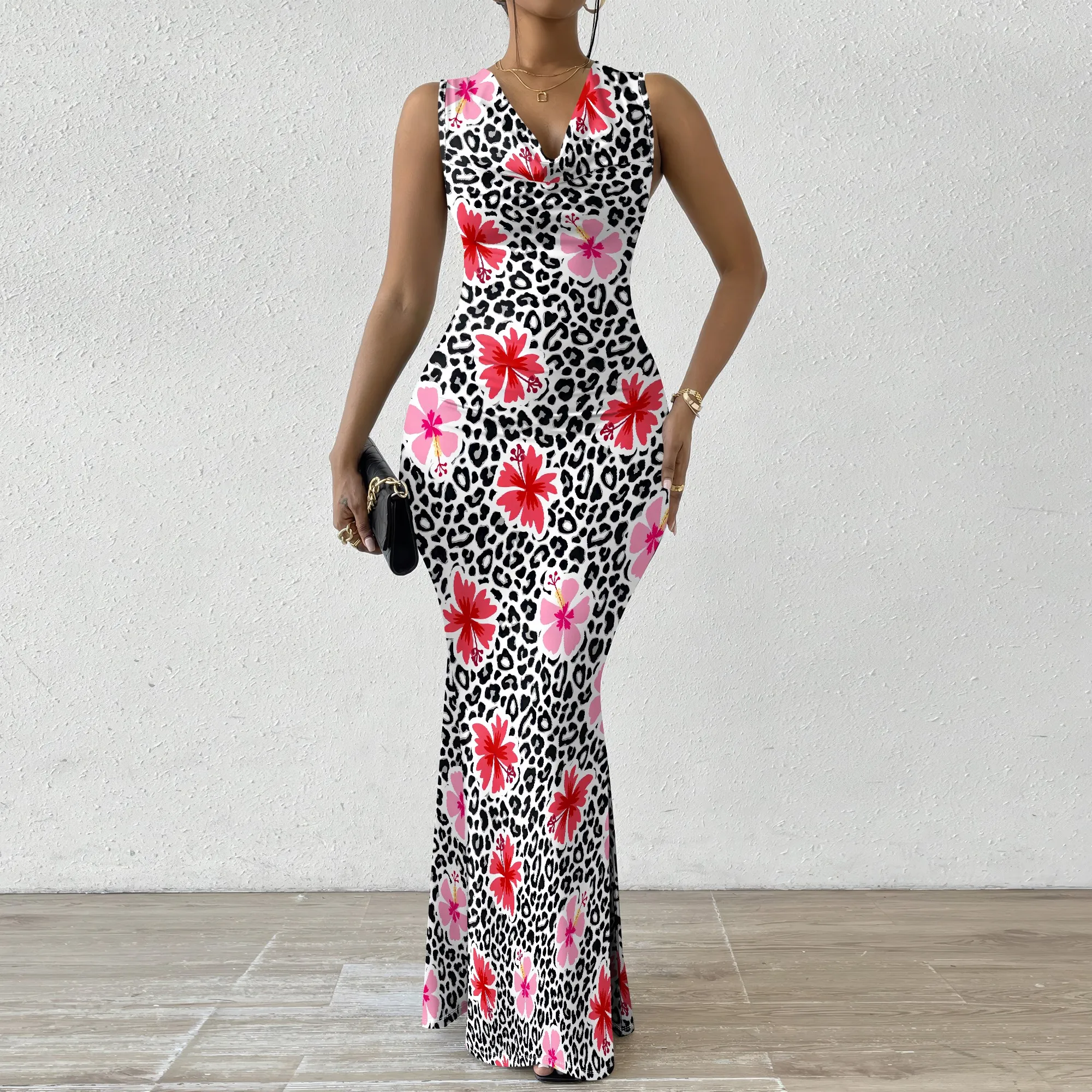 

Leopard Floral Bodycon Maxi Dress – Red & Pink Flower Sleeveless Summer Dress XS-2XL