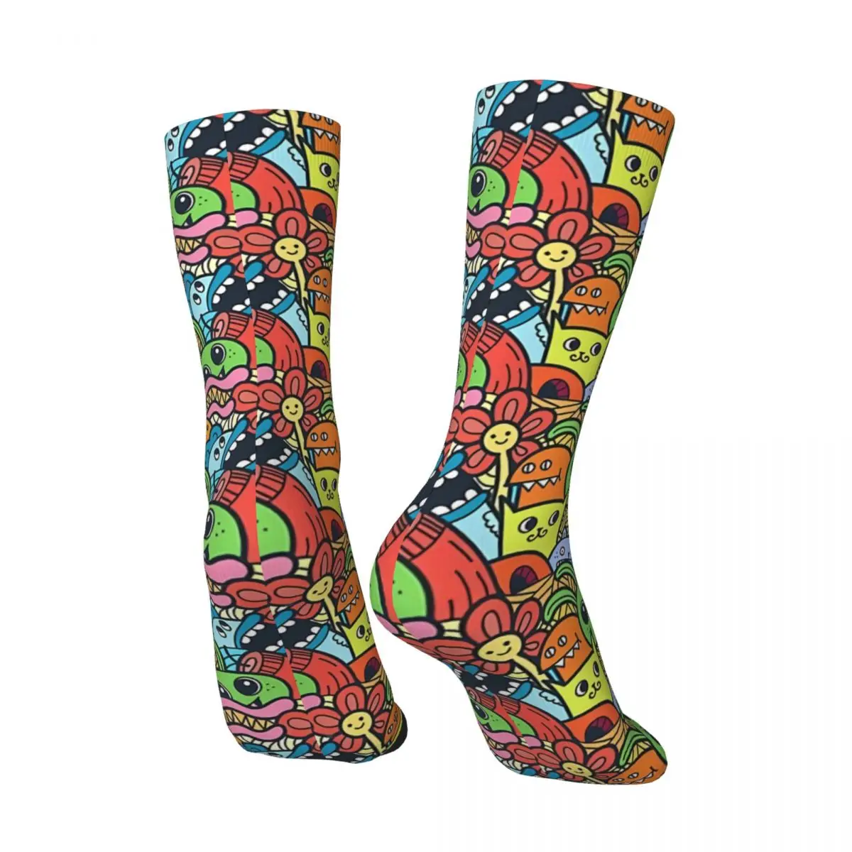 Funny Crazy Sock for Men Crazy Monster Doodle Hip Hop Vintage Doodle Art Seamless Pattern Printed Boys Crew Sock Novelty Gift