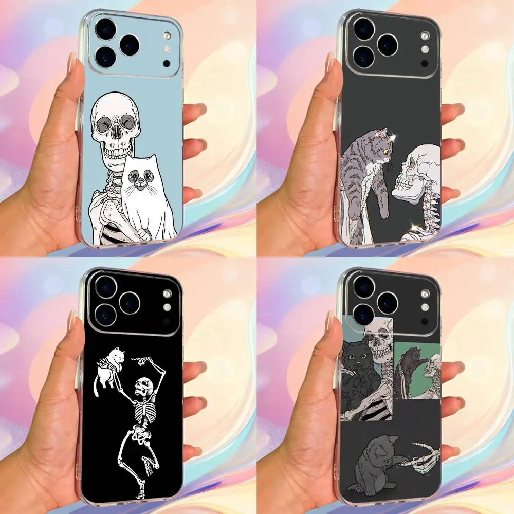 

Painting Art Skeleton Cat Phone Case For iPhone 14,13,12,11,17,16,15,Pro,Max,Plus,X,XS,XR,SE,Mini Transparent Soft Cover