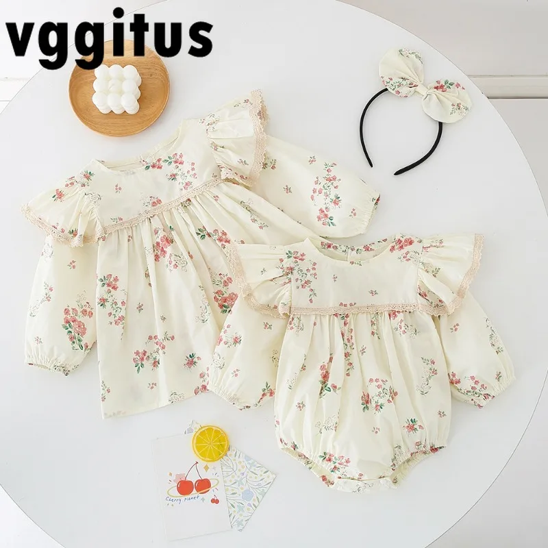 Spring Autumn Family Matching Outfits Long Flare Sleeves Bodysuit+Print Princess Dress with Headwear Twins Girl Clothes H6618