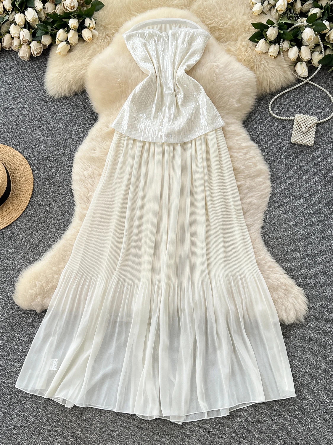 Ele High-End Pailletten Splice Me Dr Damen Taille-Cinching Abnehmen Svel Bustier Kleid Koreanische Sle A-Linie Rock