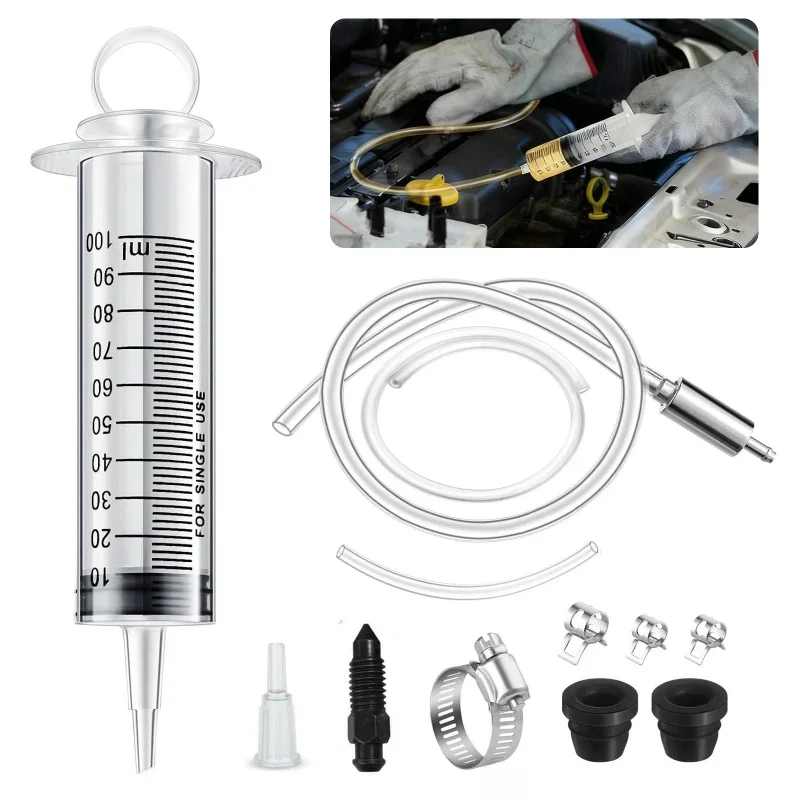 100ml Car Brake Fluid Extractor Syringe Kit With 50CM Hose Oil Pump Motorcycle Maintenance Tools With Clamp Adapter Bleed Screw