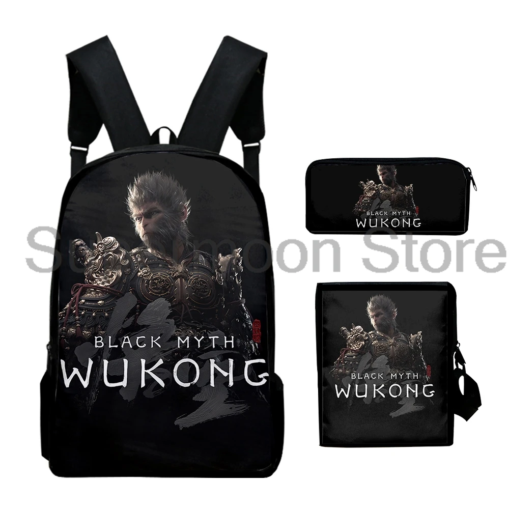 กระเป๋าเป้สะพายหลังสีดำตำนาน Wukong กระเป๋าเป้สะพายหลัง3ชิ้น/เซ็ตกระเป๋าคาดลำตัวกระเป๋าดินสอกระเป๋าเดย์แพกลำลองใช้ได้ทั้งผู้ชายและผู้หญิง